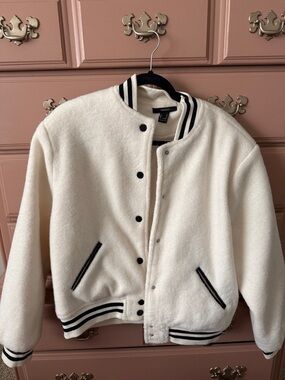 Forever 21 Cream Bomber Jacket with Black Trim